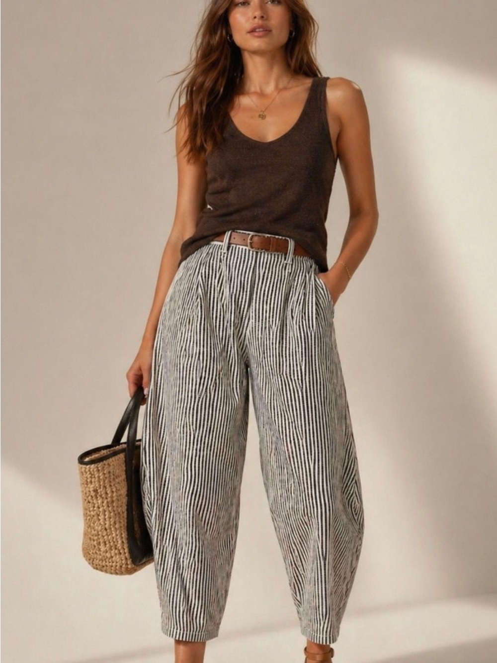 Easel Expresso & White Vertical Stripe Barrel-Leg Pants